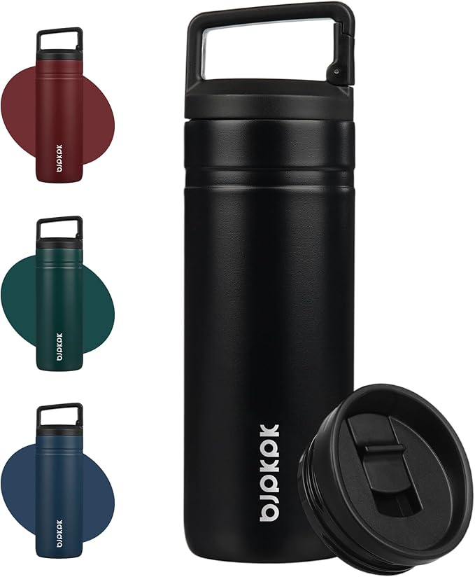 BJPKPK Insulated Water Bottle with 2 Lids,20 oz Double Wall Stainless Steel Vacuum Tumbler Travel Coffee Mug,Wide Mouth Thermal Cup,Black