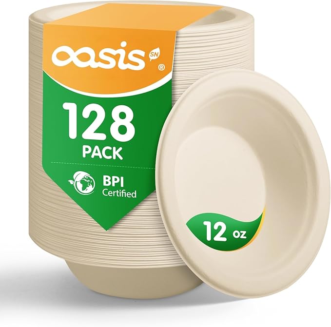𝟭𝟮 𝗼𝘇, 𝟭𝟮𝟴-𝗣𝗮𝗰𝗸 Compostable Paper Bowls, Heavy-Duty Biodegradable Disposable Bowls Made from Bagasse, Eco-Friendly, Microwave & Freezer Safe (Natural)
