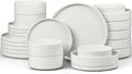 E-far Dinnerware Sets with Pasta Bowls, 24-Piece Stoneware Plates and Bowls Sets for 6 | Microwave & Dishwasher Safe Kitchen Modern Dish Set, Speckled White