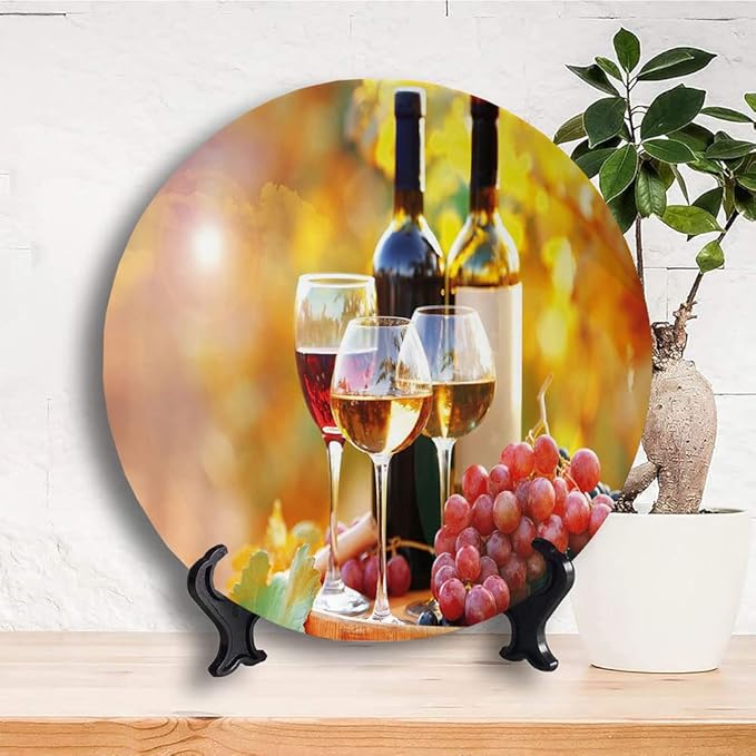 Ceramic Display Plate, Wine Ceramic Hanging Decorative Plate, Tasty Wine on Wooden Barrel on Grape Plantation, 8 Inch, Living Room Kitchen Decoration Household, Orange Red Black