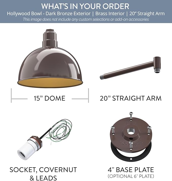 Steel Lighting Co. Hollywood Bowl Light | Outdoor Wall Mounted | 15 inch Bowl Dome | 20" Straight Arm | Barn Light Made in America | Dark Bronze Exterior/Brass Interior