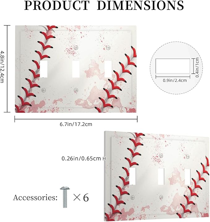 Light Switch Cover Baseball Sports Ball Game 3 Gang Wall Plate Triple Light Switch Plate Toggle Decorative Outlet Covers Electrical Switchplate for Bathroom Bedroom Decor