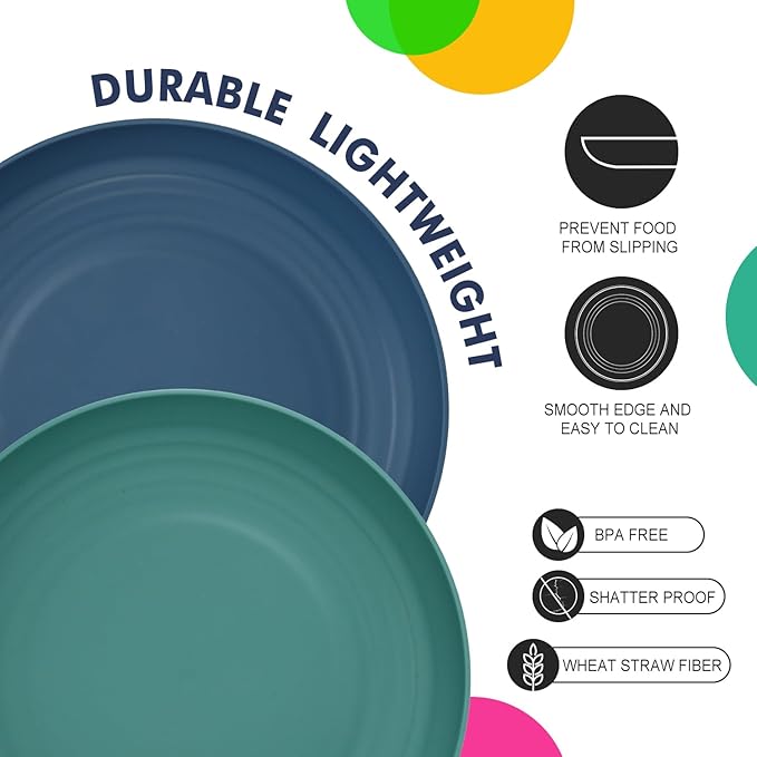 Homienly 10 inch Wheat Straw Dinner Plates Set of 8 - Alternative to Plastic, Microwave & Dishwasher Safe, Unbreakable Kids Plates with 4 Colors (Classic Bright)