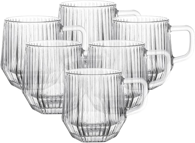 6pcs Ribbed Glass Mugs with Handles, Sturdy Household Water Cups for Coffee, Tea, Beer, and Juice, Creative Reusable Glassware Set for Office and Home Use