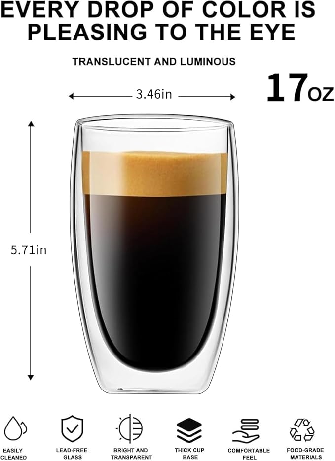 17oz Double Wall Glass Coffee Mugs Set of 2, Insulated Coffee Mug, Clear Borosilicate Glass Coffee Cups for Cappuccino, Tea, Lightweight and Microwave Safe