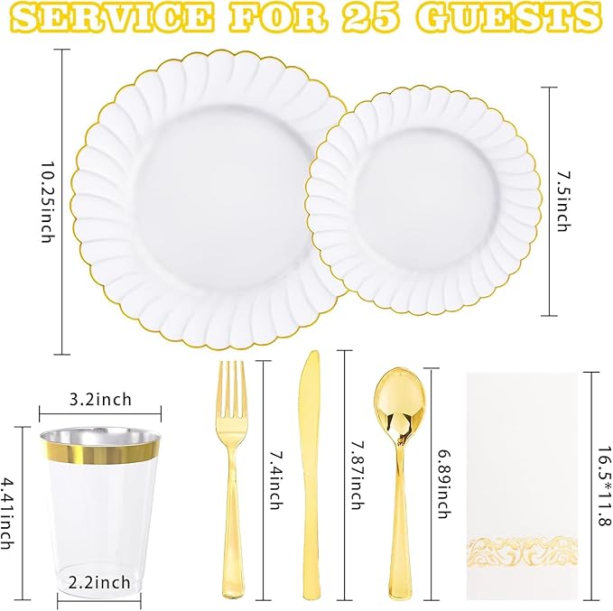YOUBET 175PCS Gold Scalloped Plastic Plates - White and Gold Disposable Dinnerware Set Include 50 Plates, 75 Gold Silverware, 25 Cups, 25 Napkins for Party & Wedding