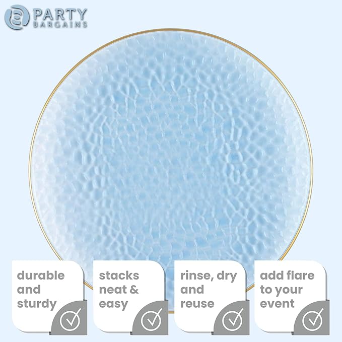 PARTY BARGAINS 13-Inch Charger Plates - 48 Pack, Hammered Blue Gold Rim, Heavy-Duty Disposable Chargers for Elegant Dining - Ideal for Weddings and Formal Events