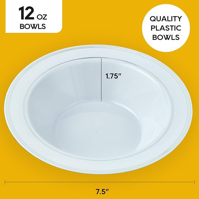 JOLLY PARTY 50 Plastic Bowls with Silver Rim-12oz Disposable Soup Bowls, Christmas Thanksgiving Premium Heavy Duty Plastic Dessert Bowls for Wedding/Party, Silver