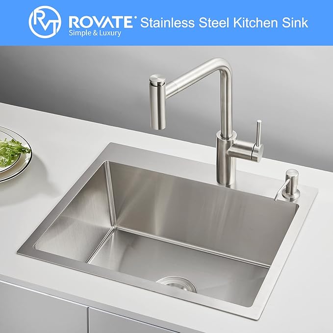 ROVATE 24 × 18 Inch Drop-in Topmount Kitchen Sink Single Bowl, 304 Stainless Steel Handmade Overmount Kitchen Sink with Basket Strainer, 24 x 18 x 9 inch