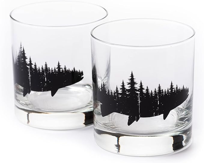 Black Lantern Whiskey Glasses Set of 2 – 11oz Heavy-Base Rocks Tumblers for Bourbon, Scotch & Cocktails – Nature-Themed Forest & Fish Design