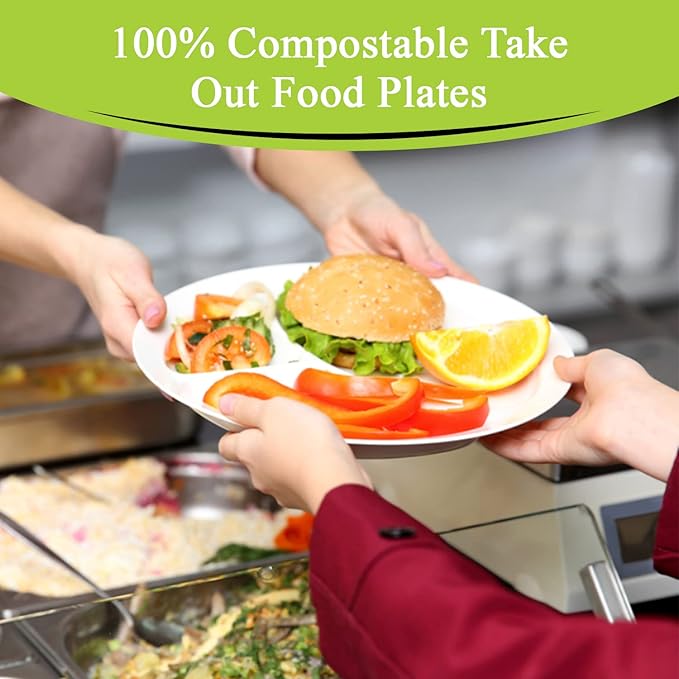 three leaf 9" 3 COMPARTMENT BAGASSE ROUND PLATE, 500 Ct. Heavy-Duty- Super Strong- Natural- Eco-Friendly Disposable Bagasse Plates, 100% Biodegradable 9 inch 3 compartment plates
