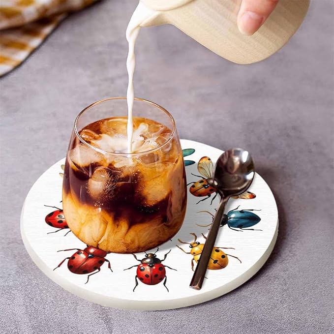 Insect Collection Coasters for Drinks Office Coffee Table Dragonfly Ladybug Wings Cartoon Wild Life Nature Colorful Animal Living Room Decor Set of 2 for Cold Drinks Wine Mugs and Cups 4 Inch