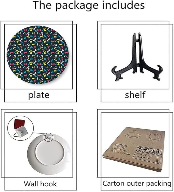 Decorative Plates, Dog Lover Print Ornament, Cool Canine Elements Paw Marks and Bones, 10 Inch, 1 Plate with 1 Display Stand, Multicolor