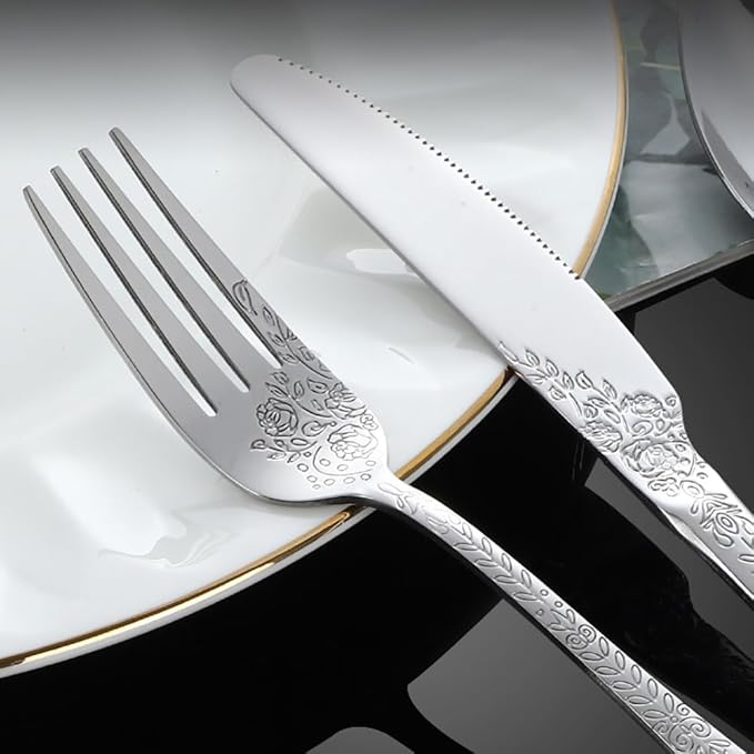 60-piece flowers Gold TWEE Silverware Set for 12, Palace Style Stainless Steel Flatware Cutlery Serving Utensils, Eating Tableware for Home Kitchen Hotel Restaurant, Mirror Polished