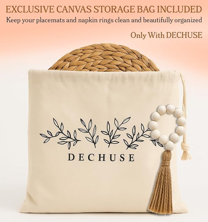 Round Woven Placemats Set of 6 (15 Inch) with Napkin Rings & Canvas Bag – Water Hyacinth Boho Farmhouse Table Mats, Heat Resistant Natural Wicker Chargers for Dining Table Decor by DECHUSE