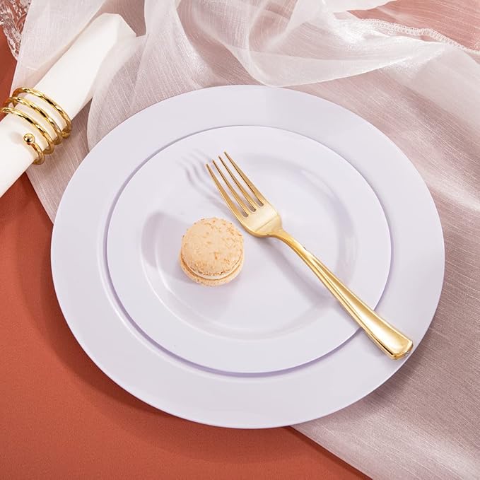 U-QE 150PCS White Plastic Plates with Gold Cutlery - Include 60 Dinner and Dessert Plates, 30 Forks, 30 Knives, 30 Spoons, Ideal for Wedding and Party