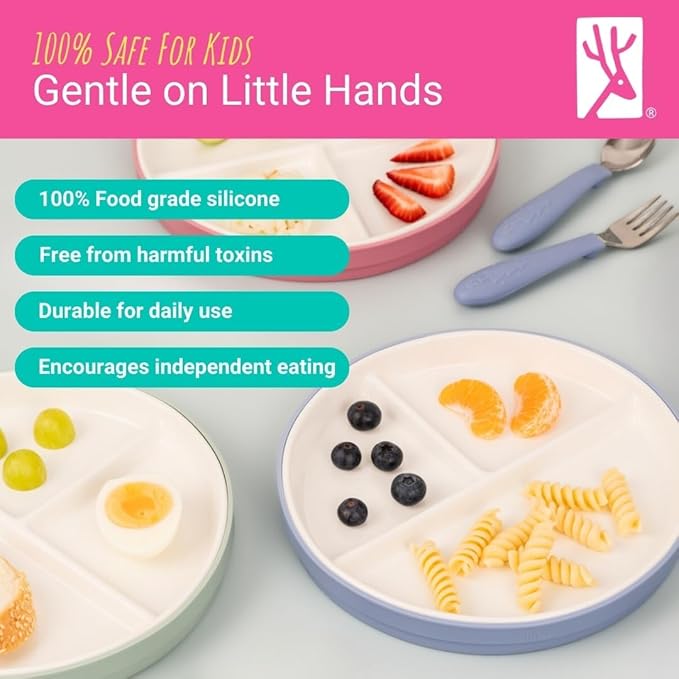Elk and Friends Kids 6.7” Porcelain Divided Plates with Silicone Sleeves + Silicone Lids | Suitable for Babies/Kids/Toddlers | Microwave & Dishwasher Safe | Non Slip | Snack Dishes