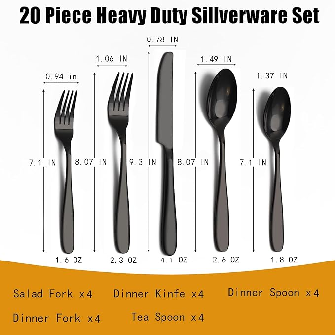20-Piece Black Silverware Set, Flatware Set for 4, Food-Grade Stainless Steel Tableware Cutlery Set, Mirror Finished Utensil Sets for Home Restaurant, Forks Spoons and Knives Set, Dishwasher Safe