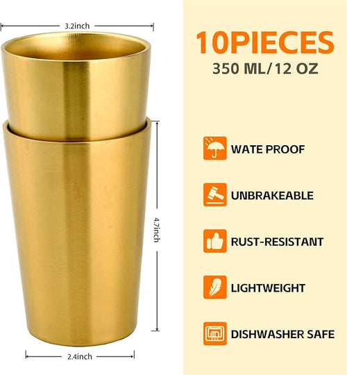 10 Pack 12 oz Stainless Steel Insulated Cup, Double Wall Vacuum Small Metal Cup, Reusable Camping Cups Unbreakable Indoor Outdoor for Party, Home, Office, BBQ, Gold