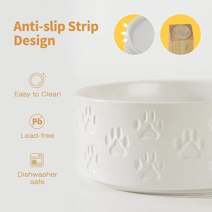 Elevated Ceramic Dog Bowl Set, 6" Dog Bowls with Dual Fixed Heights Stand, 3.5 Cup Food and Water Bowls for Small Breed Dogs, Microwave Safe (Double Bowls + Stand - White, 6 inch)