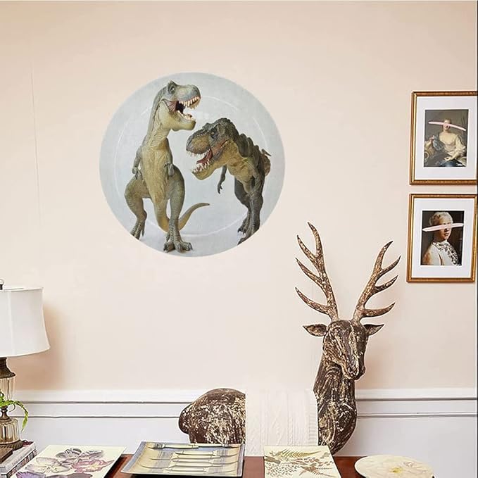 Decorative Plates, Dinosaur Print Ornament, Tyrannosaurus Rex Pair Facing Off Ferocious Creatures, 8 Inch, Kitchen Wall Decor, Ivory Brown Grey
