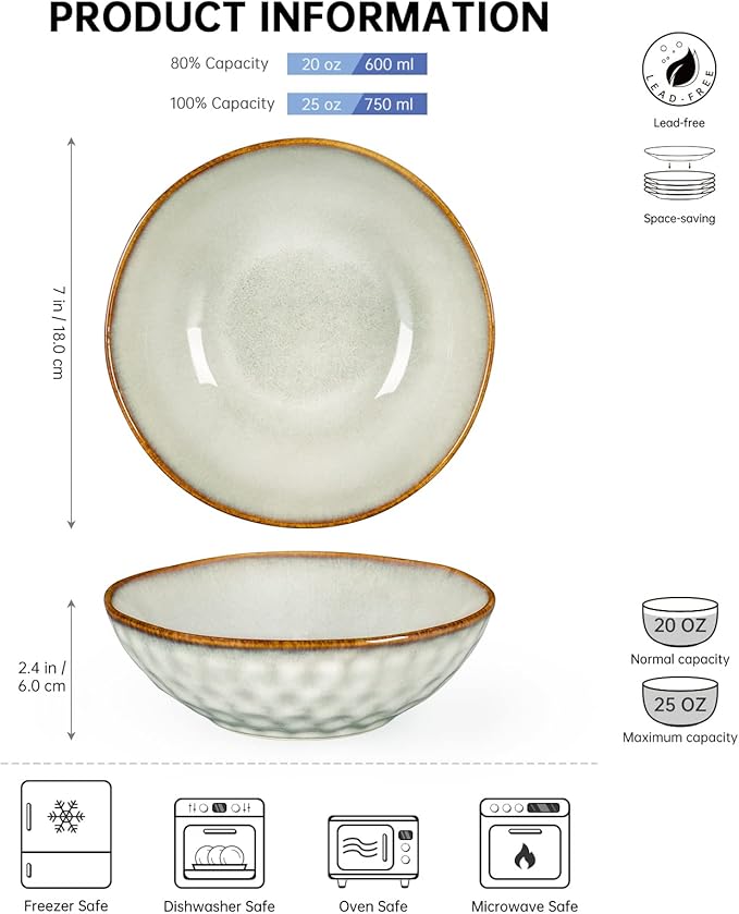 Henten Home Ceramic Soup Bowl Set, 25 oz Cereal Bowls Set of 4, Porcelain Salad Bowls Set, Stoneware Serving Bowls for Kitchen, Microwave& Dishwasher Safe, Reactive Glaze (White)