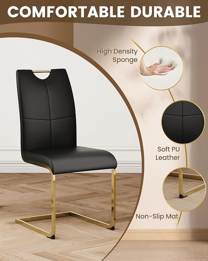 38.9" Round Glass Dining Table Set for 4, Modern 5 Piece Kitchen Table Set with Gold Stainless Steel Base & 4 PU Leather Accent Chairs, Saving Space, Dining Set for Apartment, Home - Black Chair
