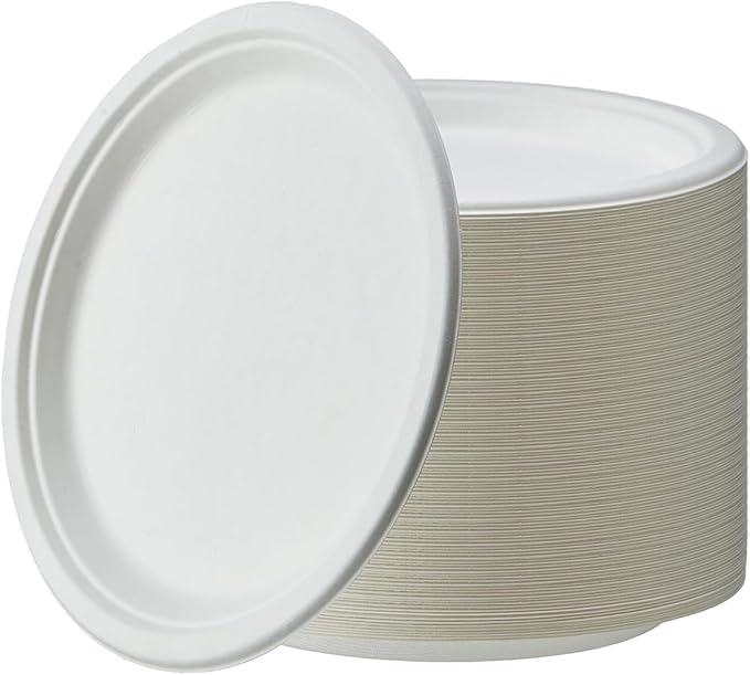 [150-Pack 9 Inch Paper Plates, Heavy Duty Disposable Party Plates - Eco-Friendly, Biodegradable Sugarcane Bagasse, White Unbleached 9" Dinner Paper Plate