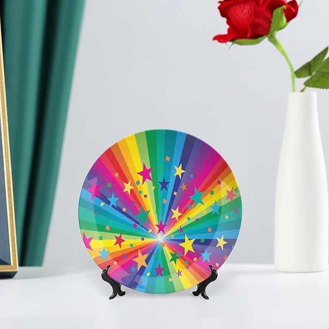 Decorative Plates, Abstract Decor Print Ornament, Abstract Rainbow and Stars Confetti Rays Striped, 8 Inch, Kitchen Wall Decor, Multy