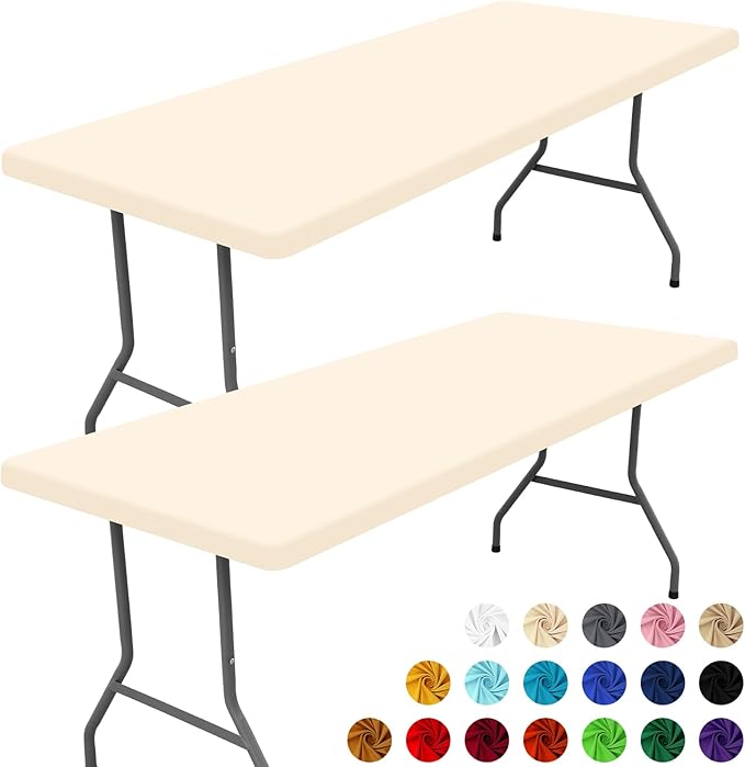 Spandex 8 Foot Rectangle Table Cloth 2 Pack, Elastic Fitted Tablecloths for Picnic, Stretch Washable Patio Table Cover for Outdoor, Camping, Banquet and Parties (Champagne, 30"x96")