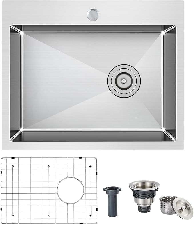 25x18 Inch Kitchen Sink, Commercial Grade 304 Steel Kitchen Sink, Centre-Offset Drain, 9" Deep Single Bowl Kitchen Sinks, Brushed(Inclued Bottom Grid & Drain Strainer)