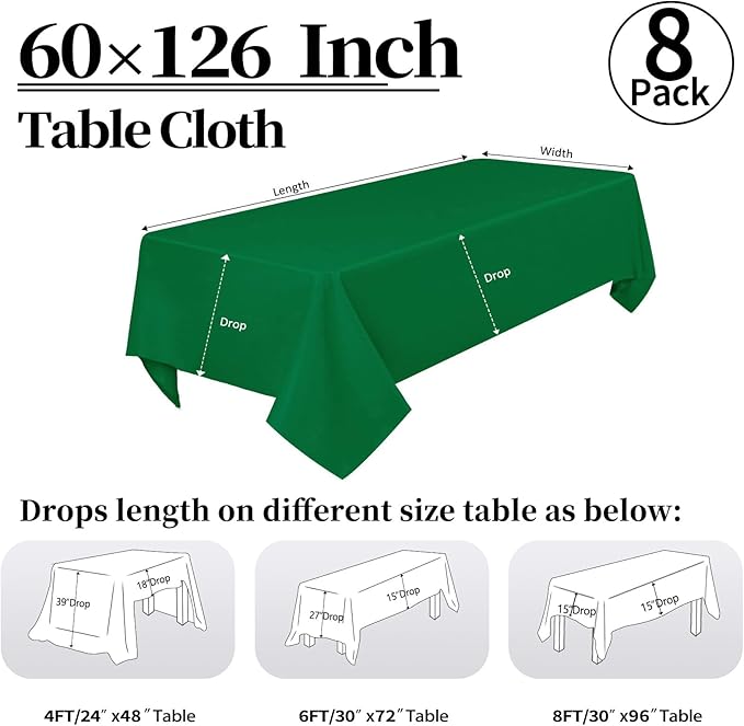 8 Pack Green Table Cloth 60 x 126 Inch Rectangular Tablecloth for 8 Foot Rectangle Tables, Wrinkle Resistant Washable Rectangle Fabric Table Covers for Wedding Party Banquet Buffet and Camping