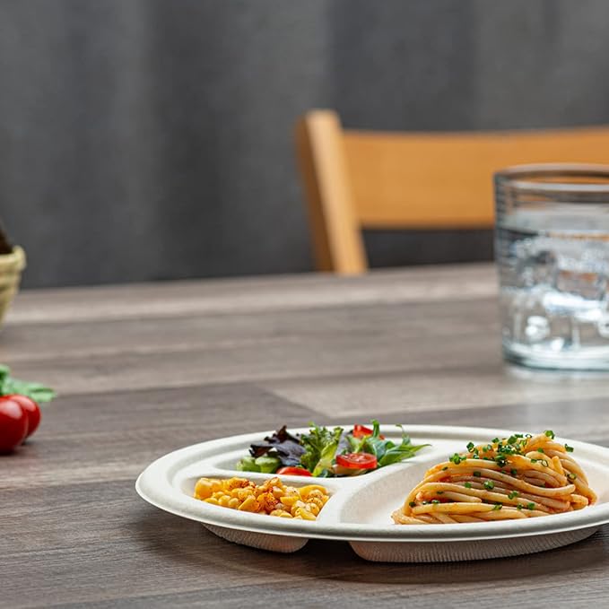 GUSTO [Case of 500 9 Inch Heavy-Duty 100% Compostable, 3 Compartment Eco-Friendly, Kraft Disposable Sugarcane Paper Plates - Brown Unbleached (Formerly Comfy Package)