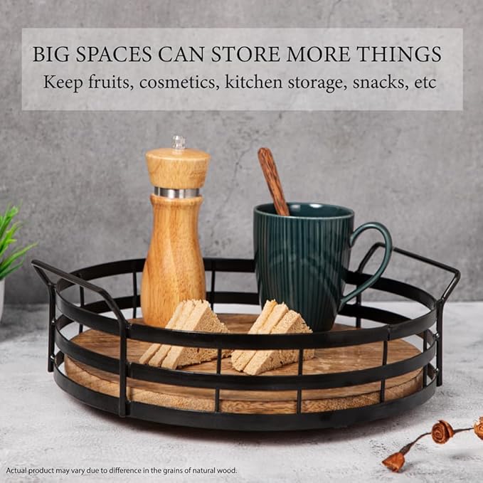 Lazy Susan Turntable Organizer with Handle, Cabinet Pantry Kitchen Countertop - Spinning Spice Rack - Large Round Serving Tray - Made Wood and Sturdy Iron Bars