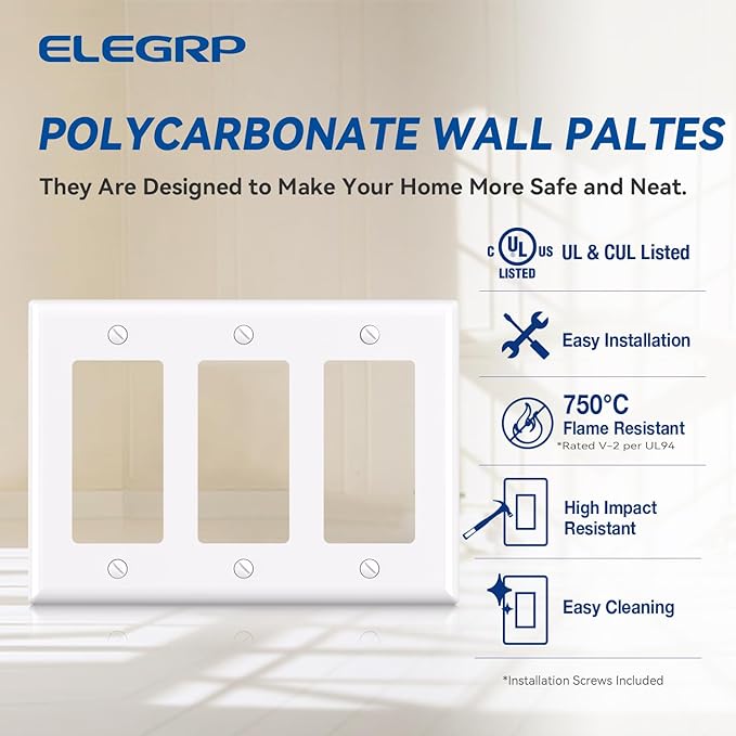 ELEGRP 3-Gang Decorative Wall Plates, Standard Size 4.53" H x 6.39" L Unbreakable Thermoplastic Faceplate Cover for Decorator Receptacle Outlet Switch, UL Listed (2 Pack, Glossy White)