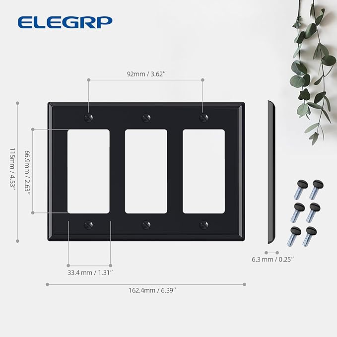 ELEGRP 3-Gang Decorative Wall Plates, Standard Size 4.53" H x 6.39" L Unbreakable Thermoplastic Faceplate Cover for Decorator Receptacle Outlet Switch, UL Listed (1 Pack, Glossy Black)