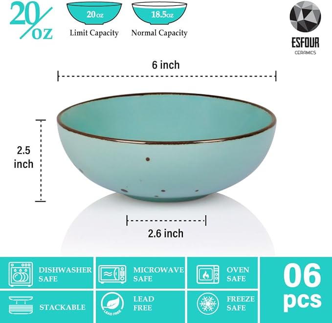 Esfour Round Porcelain Bowls - 20 Ounce - Set of 6 - Microwave, Oven, Dishwasher-Safe, Scratch Resistant, Porcelain Durable Small Dishes Bowls for Cereal, Salad, Pasta, Soup Dessert - Assorted Natural