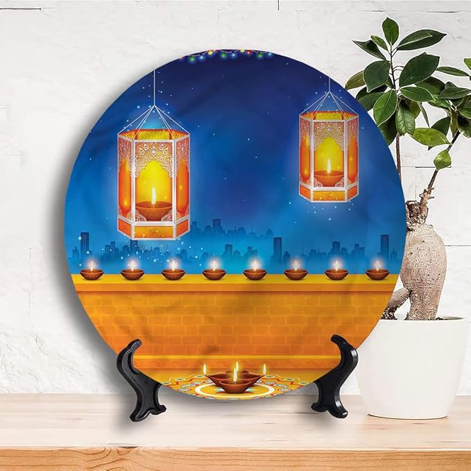 Ceramic Display Plate, Diwali Ceramic Hanging Decorative Plate, Diwali Night Candles, 10 Inch, Living Room Kitchen Decoration Household, Multicolor