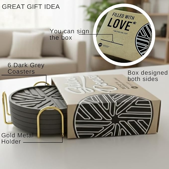 Housewarming Coasters Set of 6 - Non-Slip Table Coasters for Drinks, Mugs, Glasses, Cups, Round Pads with Stylish Groove Patterns & Gold Holder Stand - 4", 0.23" (Dark Grey)