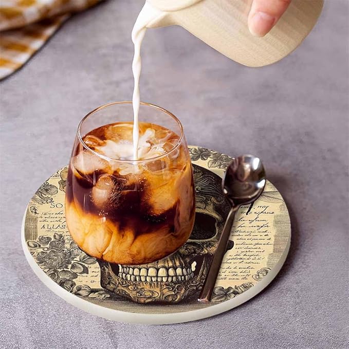 Vintage Head Skull Cup Coasters for Table Retro Floral Background Death Smile Antique Reusable Drink Coasters Set 2 Pcs Coffee Home Farmhouse Living Room Bar Decor