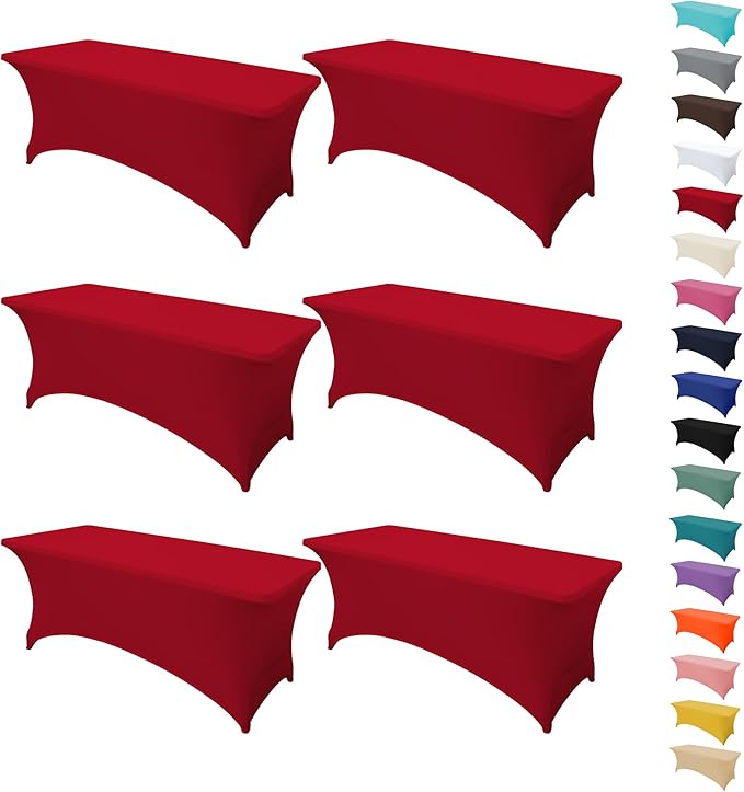 6Pack 8FT Table Cloth for Rectangular Fitted Events Stretch Red Table Covers Washable Spandex Tablecloth Protector for Party, Wedding, Cocktail, Banquet, Festival
