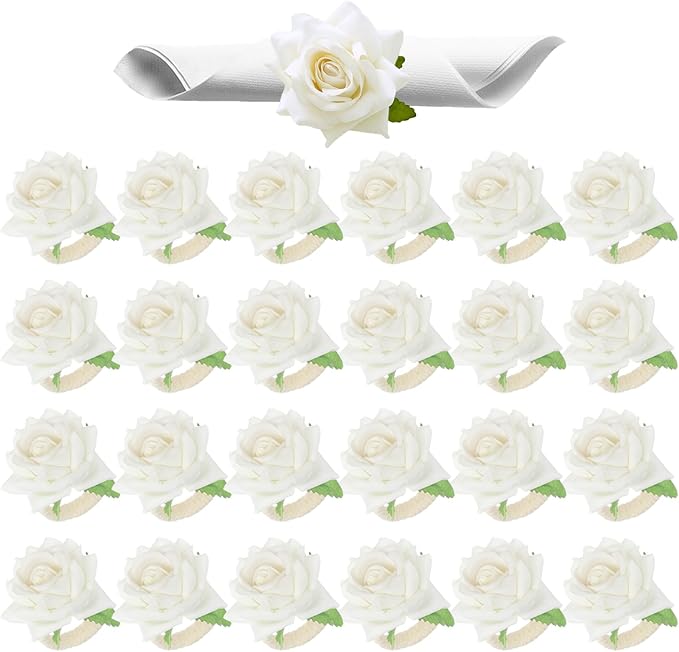 Set of 24 White Rose Napkin Rings - Handicraft Napkin Holder Table Decor for Wedding, Thanksgiving, Banquet, Christmas, Birthday Party
