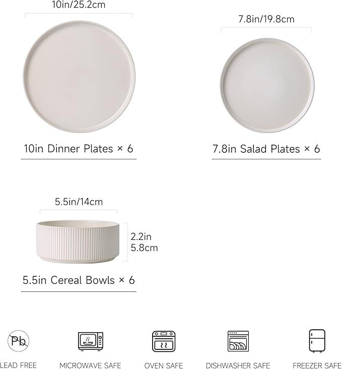 Dinnerware Set Service for 6, 18-Piece Ceramic Plates and Bowls Set, Chip & Scratch Resistant, Microwave and Dishwasher Safe, Modern Minimalist Tableware for Everyday Use, Matte White