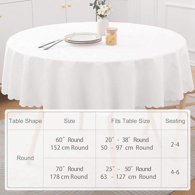 Smiry Round Table Cloth, Waterproof Heavy Duty Vinyl Tablecloths, Wipeable Washable Table Cover for Kitchen and Dining Room (White, 70" Round)