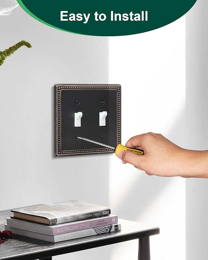 2-Pack Double Toggle Light Switch Cover Plate, Pearls Decorative Dual Switch Plate Covers, Aged Bronze 2 Gang Metal Wall Plate, Corrosion Resistant