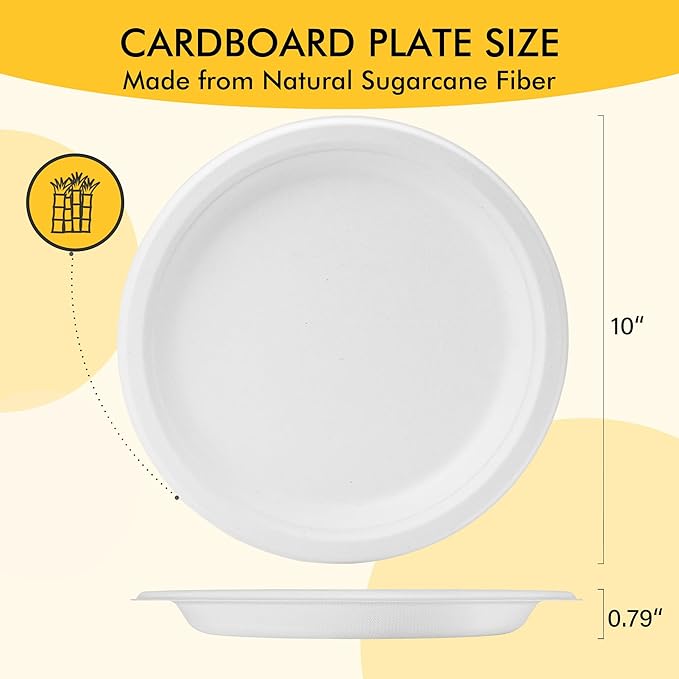 RACETOP Compostable Paper Plates 10 Inch [150 Pack], Disposable Biodegradable Heavy Duty Paper Plates, Made of Natural Sugarcane Fibers, Unbleached White, Round