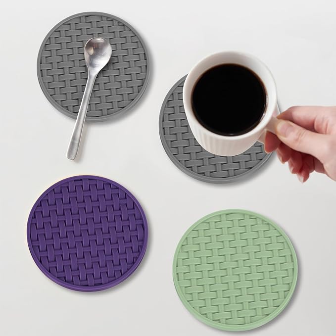 Gray Silicone Coasters with Holder, 4 Inches Non-Slip Heat Resistant Cup Mats, Decorative Waterproof Round Coaster Set of 6 for Home, Kitchen, Office, Bar, Coffee Table