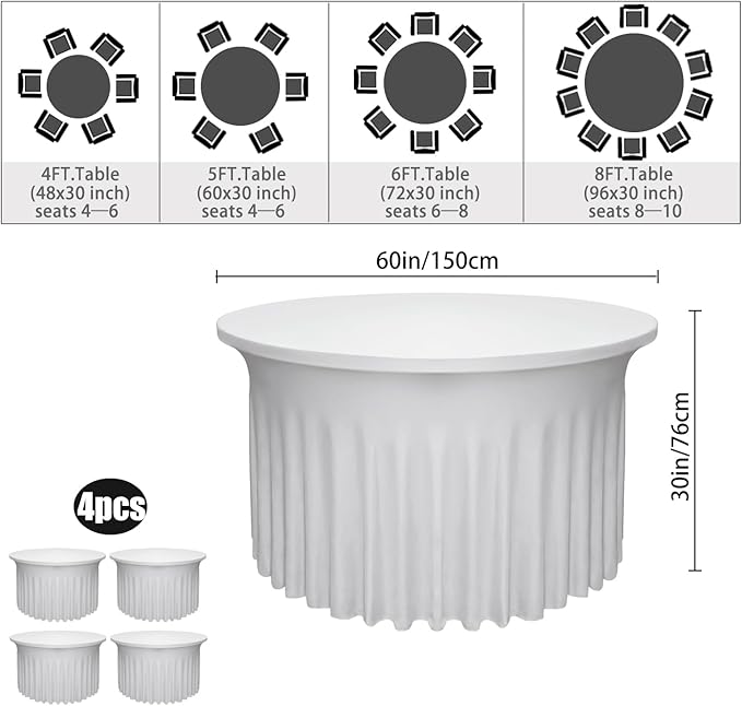 4 Pack - White Round Table Skirt (60" Diameter x 30" H) for 5ft Tables | Polyester Spandex Washable Cover | Wrinkle & Stain Resistant | Wedding, Party, Banquet Decor