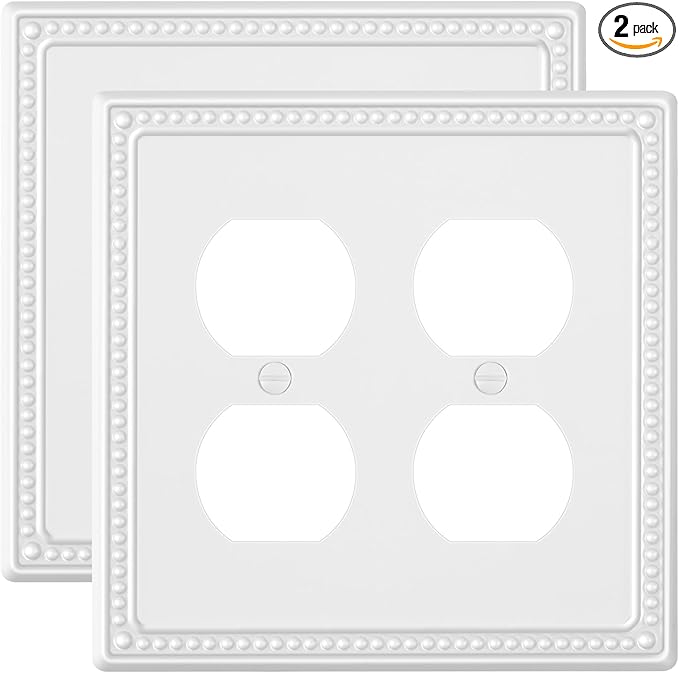 2-Pack Double Duplex Outlet Cover, Metal Switch Plates and Outlet Covers, Pure White Pearls Decorative Wall Plates for Electrical Outlets, 2 Gang Receptacle Cover, Corrosion Resistant
