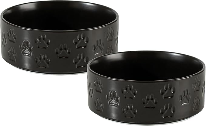 Ceramic Dog Bowl Set, 8" Food and Water Bowls with Anti-Slip Rings for Large Breed Dogs, 7.5 Cup Pet Dishes for Large-Sized Dogs, Dishwasher Safe (Double Bowls - Black, 8 inch)